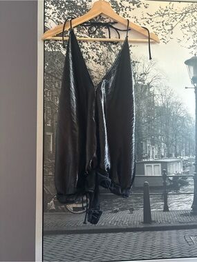 Free People Black Satin V-Neck Bodysuit